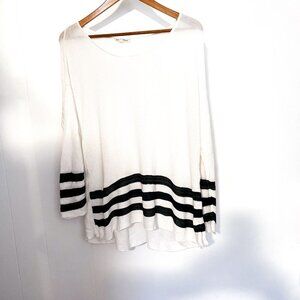 HEM & THREAD White with Green + Navy Stipe Knit Scoop neck Sweater Size Small
